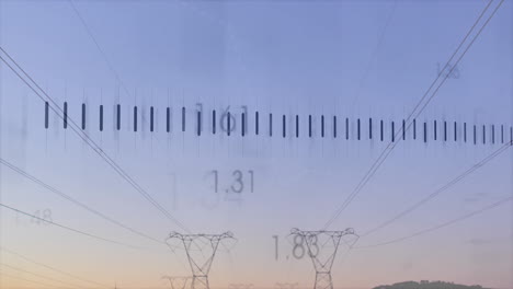 high-voltage towers being animated against sunrise gradient sky, with power lines, digital overlay