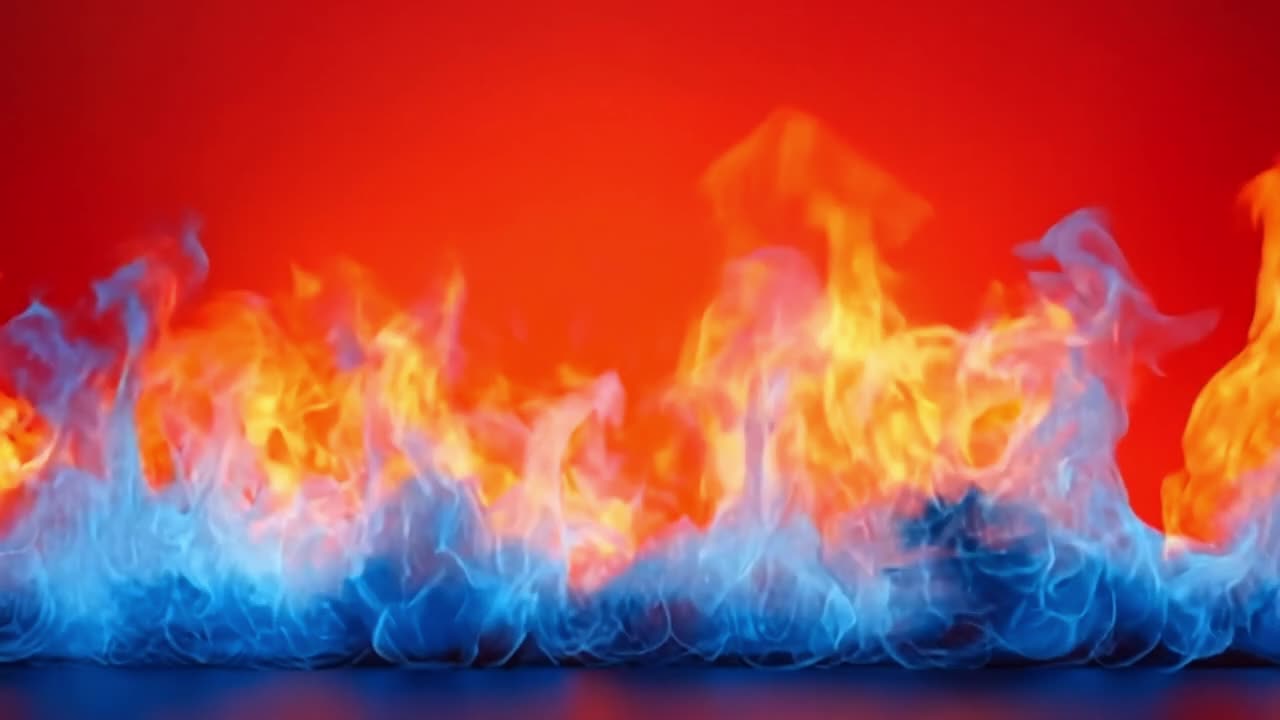 Flames on a red backdrop. Vivid blue and orange flames dance on a bold red background, creating a captivating spectacle.