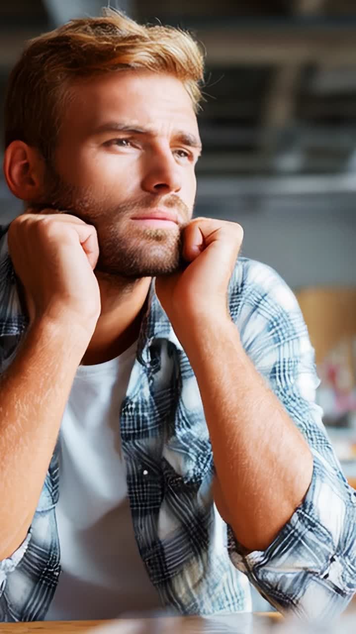 Thoughtful man lost in contemplation, showcasing strong emotions and introspection, dressed casually in a plaid shirt and a relaxed environment, deep in thought