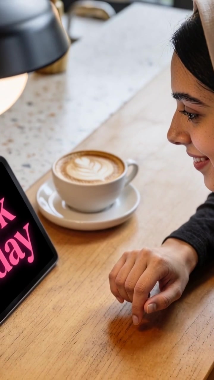 Video verticale: Donna con hijab e maniche lunghe che tocca il tablet mentre legge in un bar con una tazza