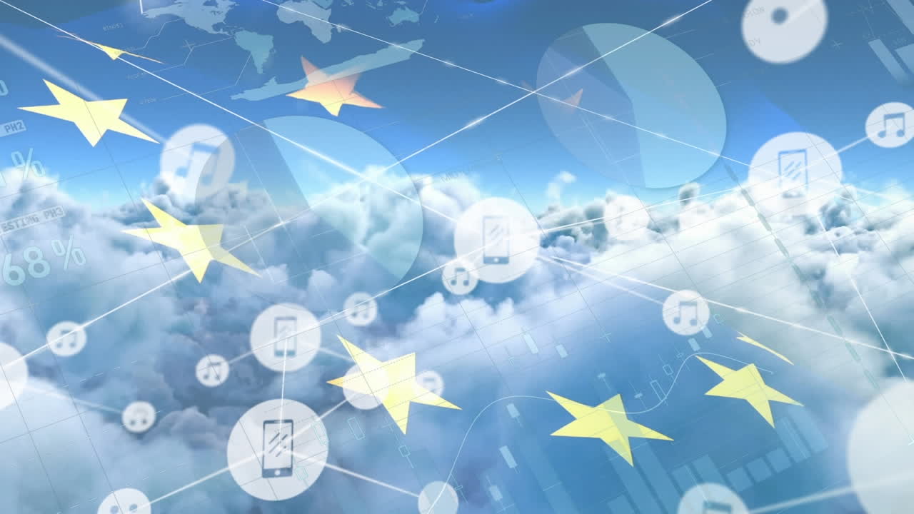 анимация сети цифровых икон, обработка статистических данных и размахивание флагом ес на облаках