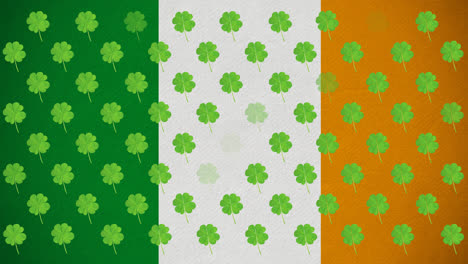 digital animation of multiple clover leaves flickering against irish flag