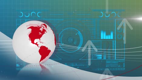 Animación-De-Globo-Terráqueo,-Flechas-Y-Procesamiento-De-Datos.