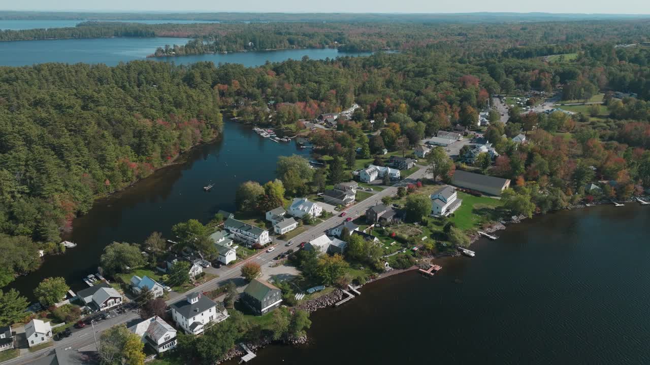 Aerial View of Belgrade Lakes Village in Maine - Waterfront Homes and Autumn Trees