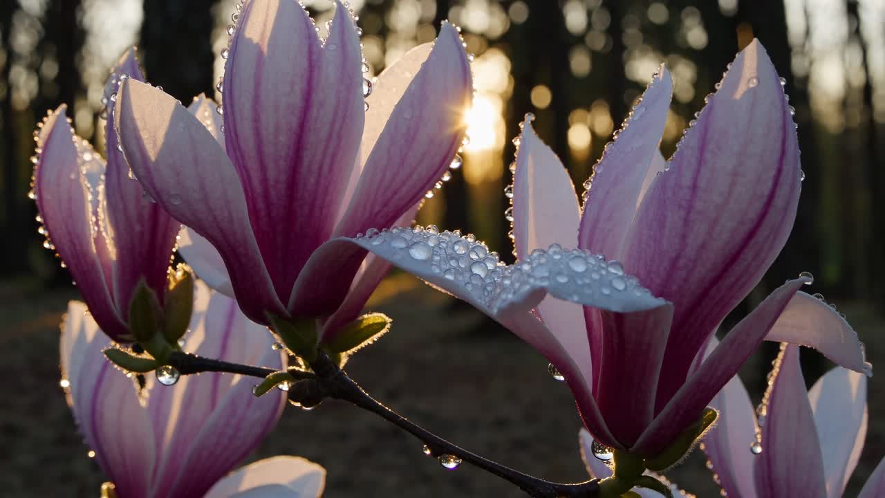 Primer plano de flores rosas cubiertas de rocío al amanecer, con un fondo de bosque desenfocado