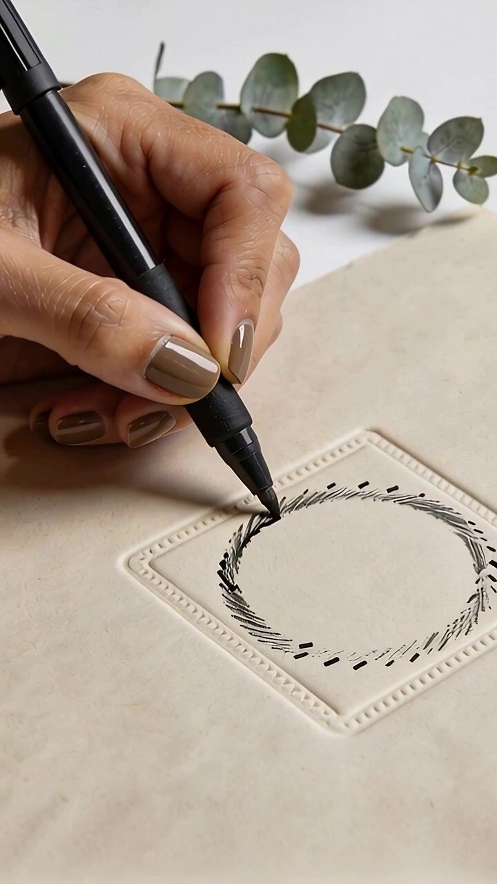Vertical video: Starting stroke, hand drawing wreath on embossed card with brush pen and eucalyptus
