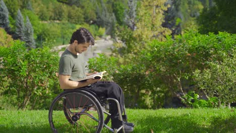 disabled teenager in a wheelchair reading a book in a nature park.