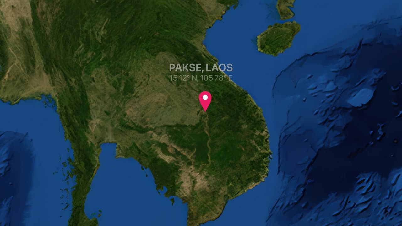 Mapa digital mundial se acerca desde una perspectiva global hasta un marcador de ubicación específico en Pakse, Laos.