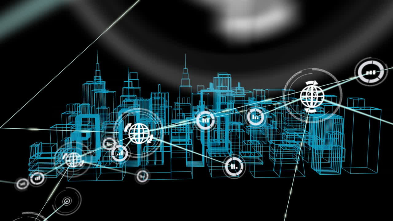 animación de la red de conexiones con iconos sobre el dibujo de la ciudad en 3d