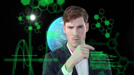 animation of data processing over globe and caucasian businessman