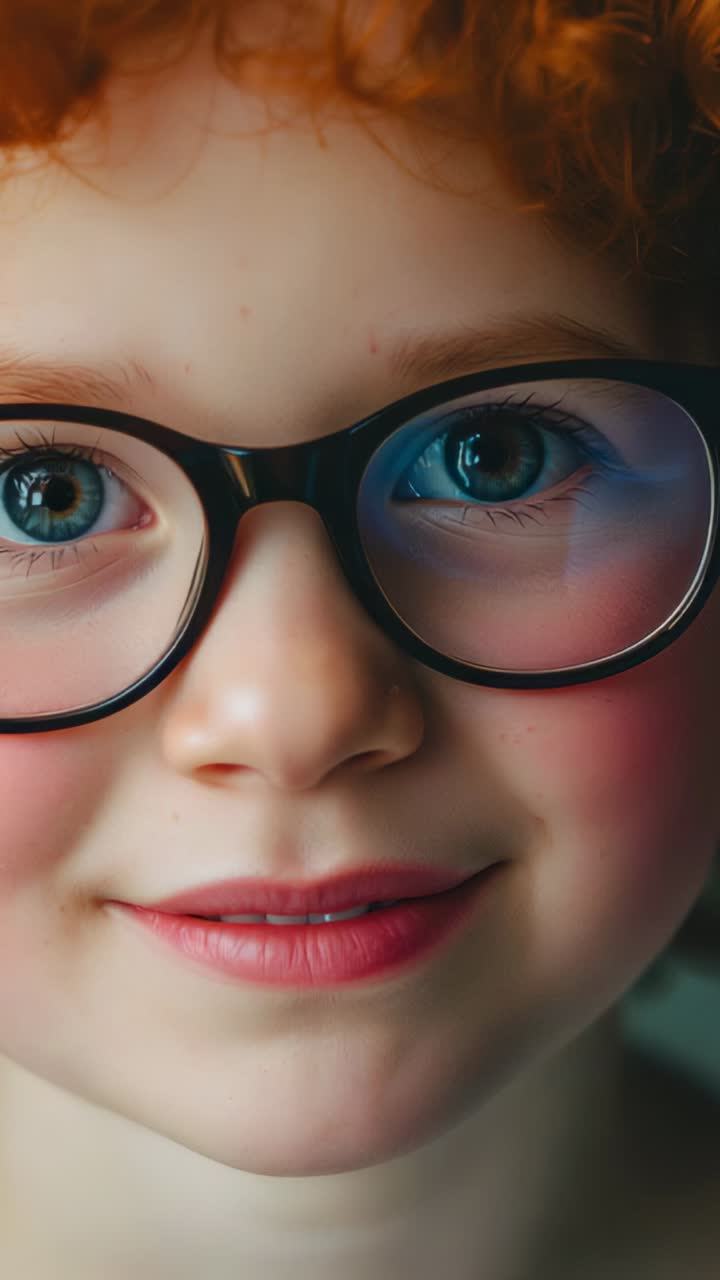Vertical video: Reacting to closeup child wearing round black glasses smiling and turning in studio