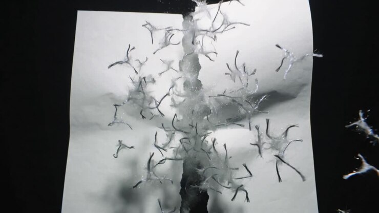 Drawing offframe fan pulling fibers from white paper with vertical tear in studio forming column