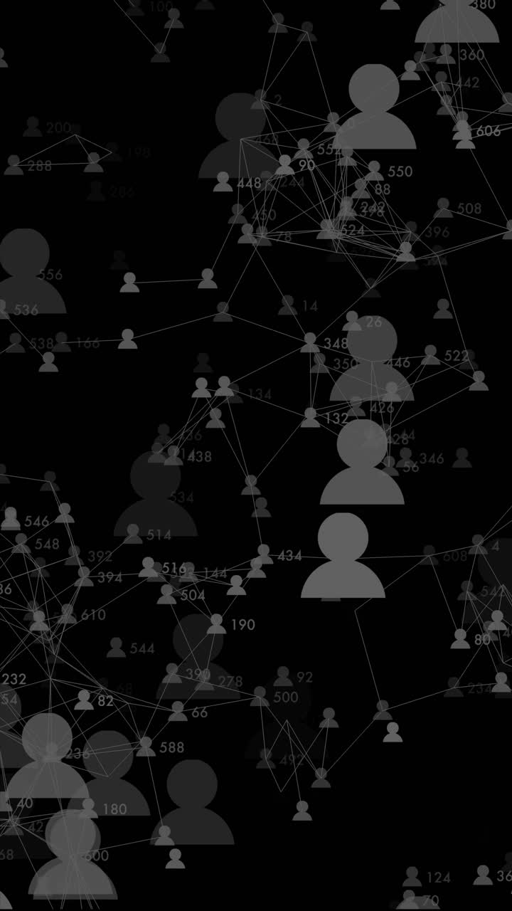 Dark vertical 9:16 shot of interconnected user profiles and numerical data. Ideal for exploring social media algorithms, human resource management, and digital community trends