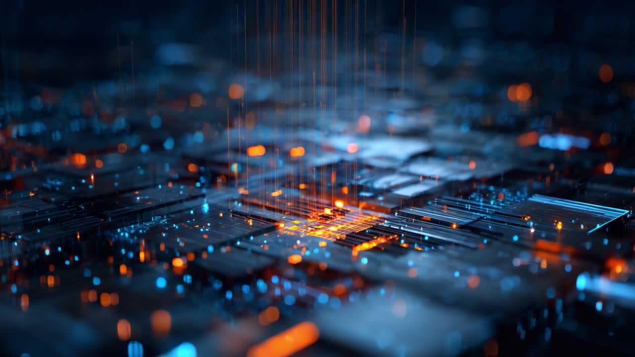 A Stunning Abstract Representation of a Digital Circuit with Glowing Elements and Vivid Colors, Showcasing the Interconnected Nature of Modern Technology and Data Processing