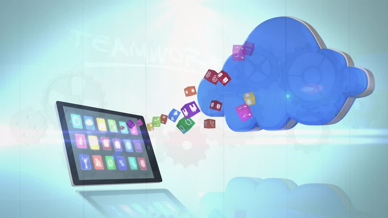 Animación de iconos flotando de una tableta a una nube digital sobre un fondo azul