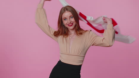 businesswoman girl waving british flag, celebrating independence day national holiday, human rights