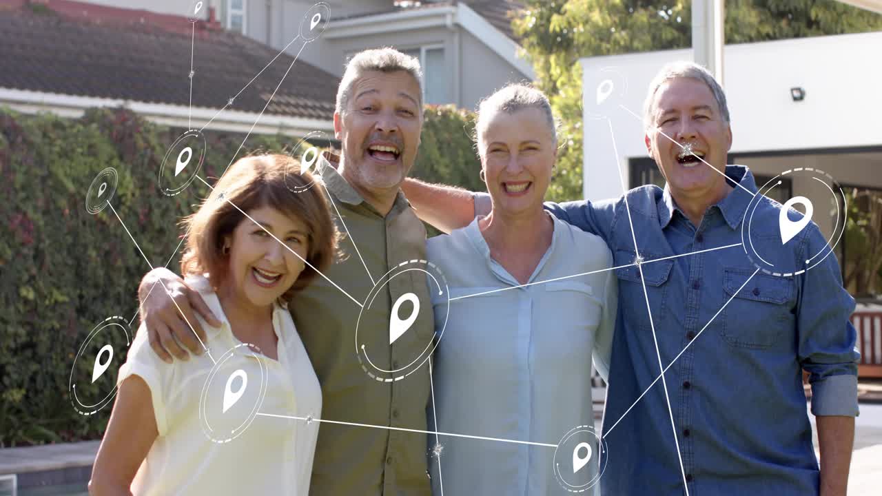 Four adults standing linked in yard animated location pins emerging left connecting torsos for tech