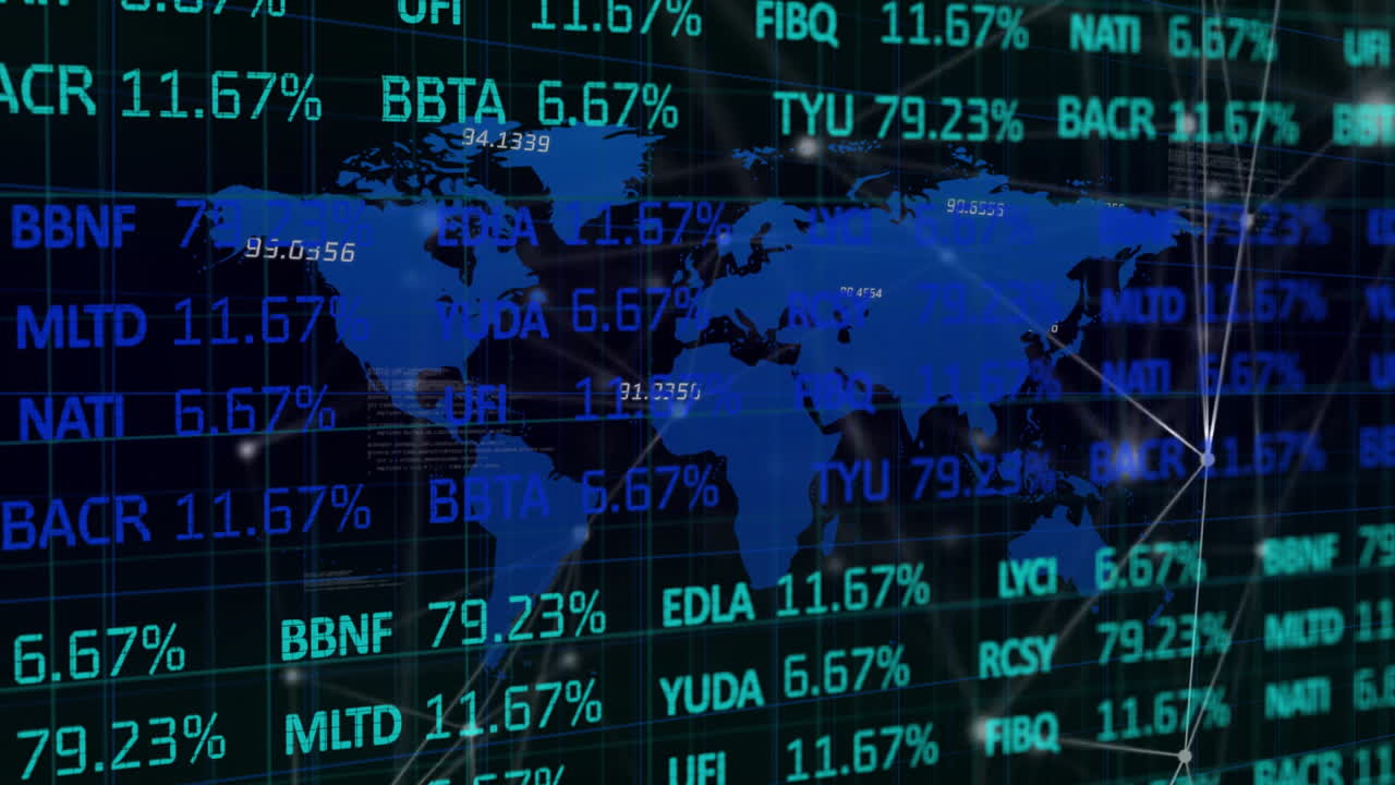 Animation of dots connected with lines, map and trading board over black background