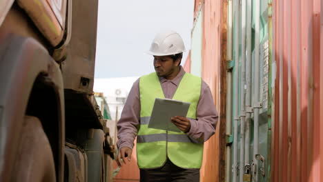 lavoratore che indossa giubbotto e casco di sicurezza che legge documenti in un parco logistico mentre cammina