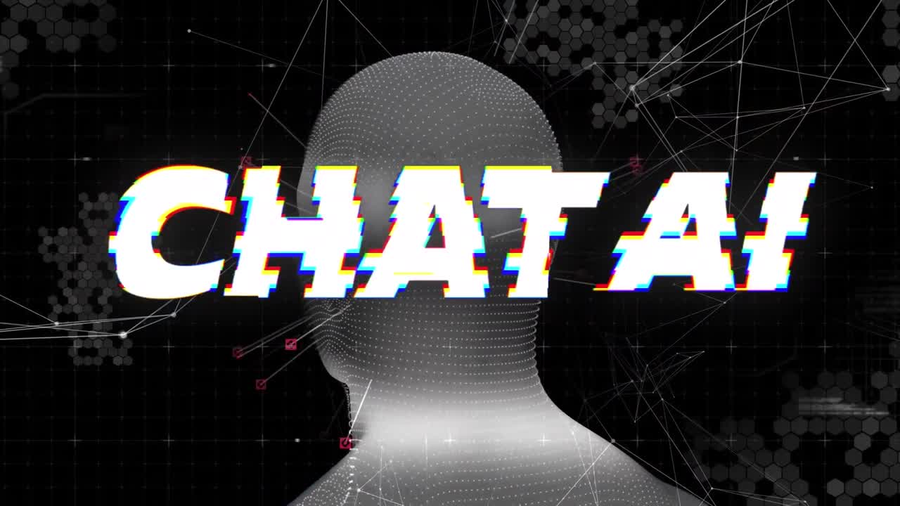 인공지능 텍스트 및 데이터 처리의 애니메이션 인간 머리 위에서