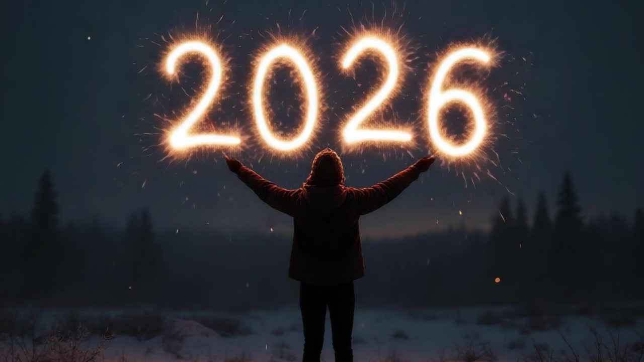 Individual stands in a snowy field at night, holding sparklers to form the year 2026, surrounded by trees and a dark sky, creating a festive and celebratory atmosphere in winter