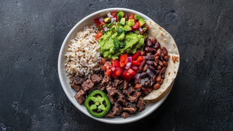 delicious mexican beef bowl with rice, beans, guacamole, and salsa