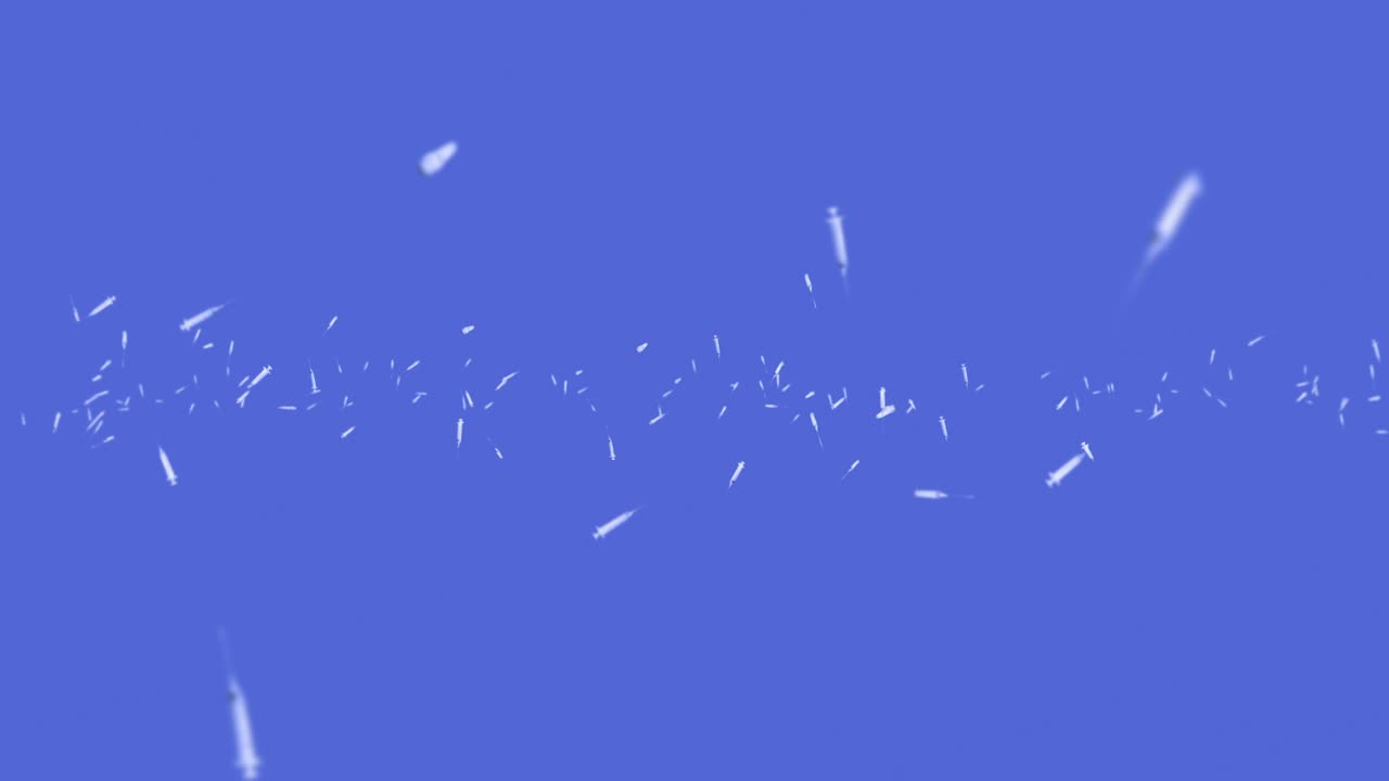 파란색 배경에 주사 할 수 있는 많은 주사기를 날리는 의료 개념 바이러스에 대한 백신 의료 치료 3d 루프 애니메이션