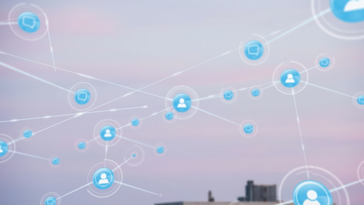 높은 건물의 공중 뷰에 대하여 프로필 아이콘의 네트워크의 애니메이션