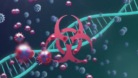 logotipo bioquímico, adn y células de coronavirus volando sobre el fondo de gradiente.