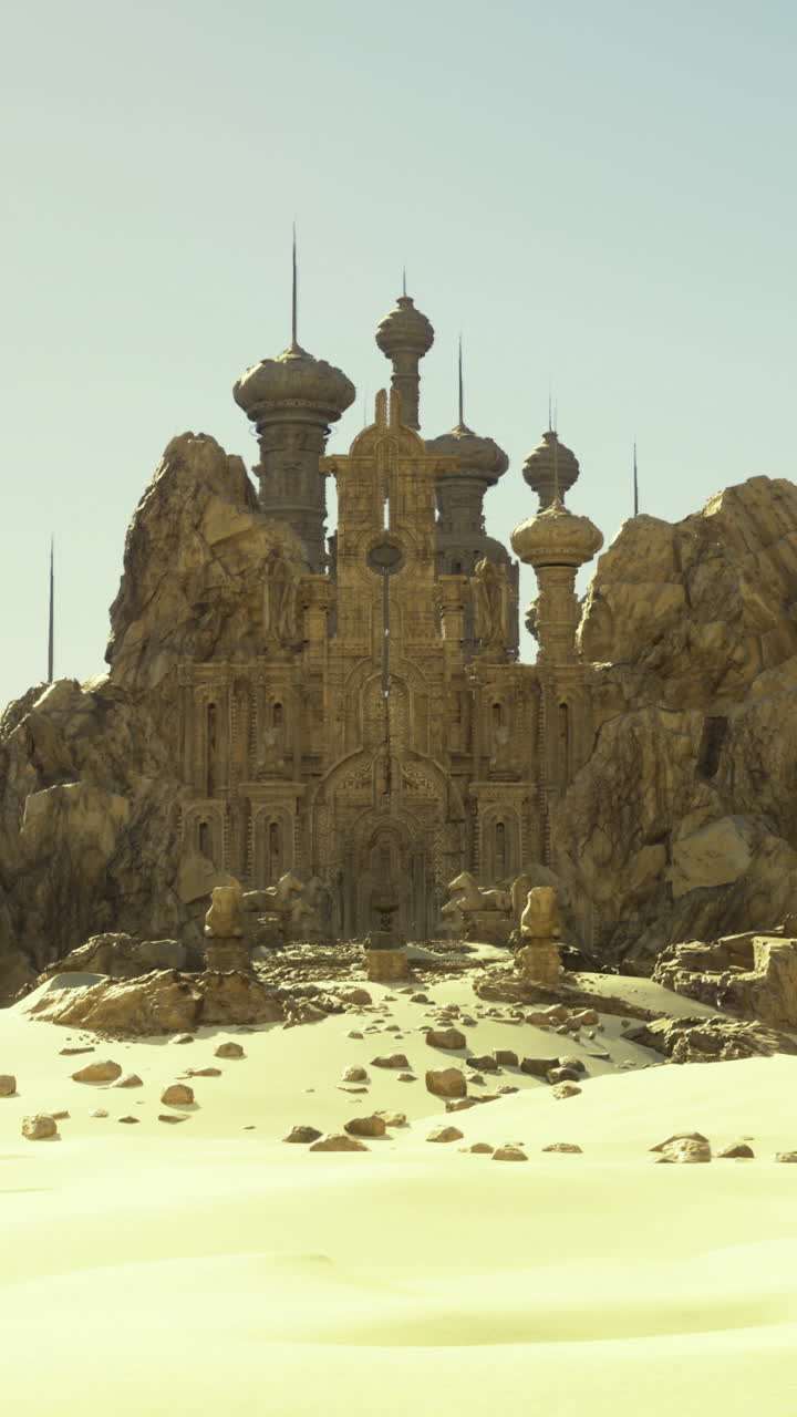 Majestic desert castle surrounded by towering rock formations under bright sun