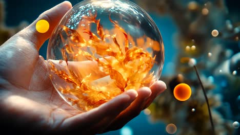 eine glühende kugel mit feuer in einer magischen unterwasserszene ergreifen