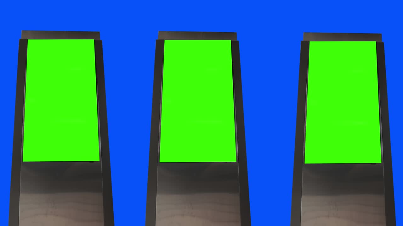 마 키, 3d 광고판 모, 녹색 스크린, 파란 스크린 배경의 빈 배너, 몇 개의 빈 보드.