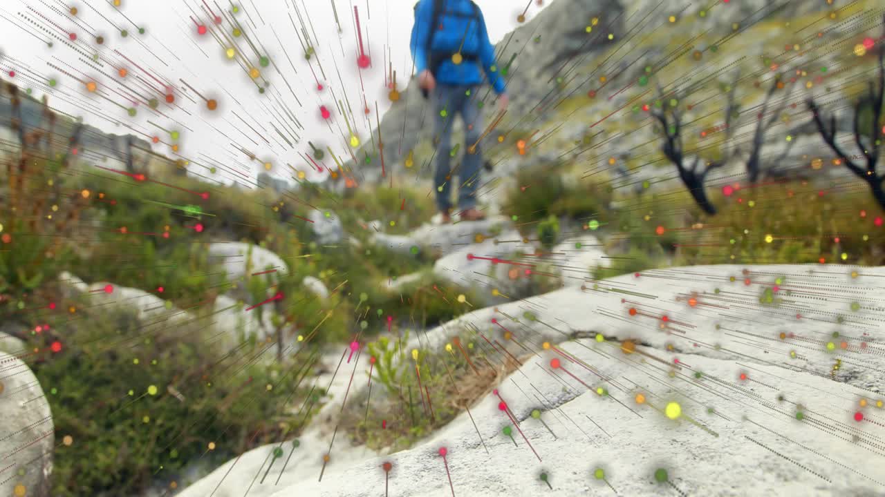 hiker descending ledge and stepping onto camera, showcasing adventure with floating particle effect