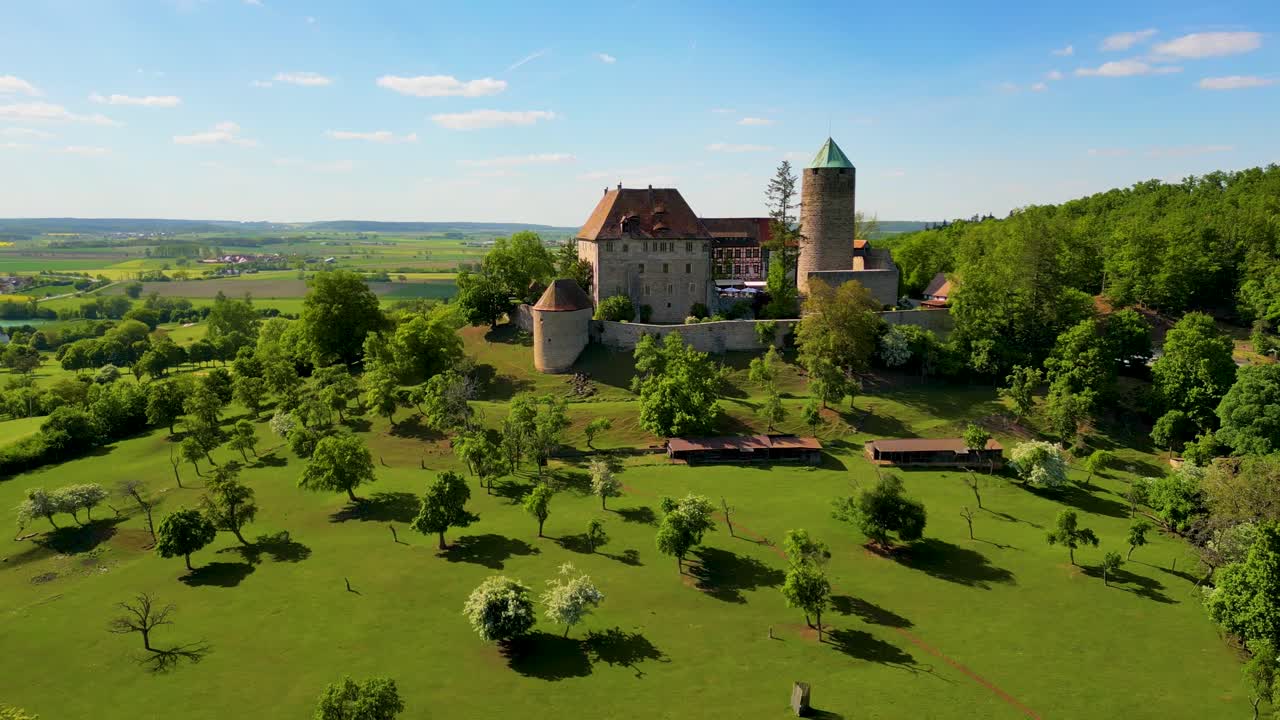 4K Aerial Drone Video of the Farmland Surrounding the Historic Colmberg Castle near Ansbach, Germany in Bavaria