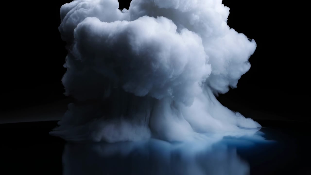 Billowing white smoke rises and spreads against a black background, with soft blue light and a faint reflection on the glossy surface below
