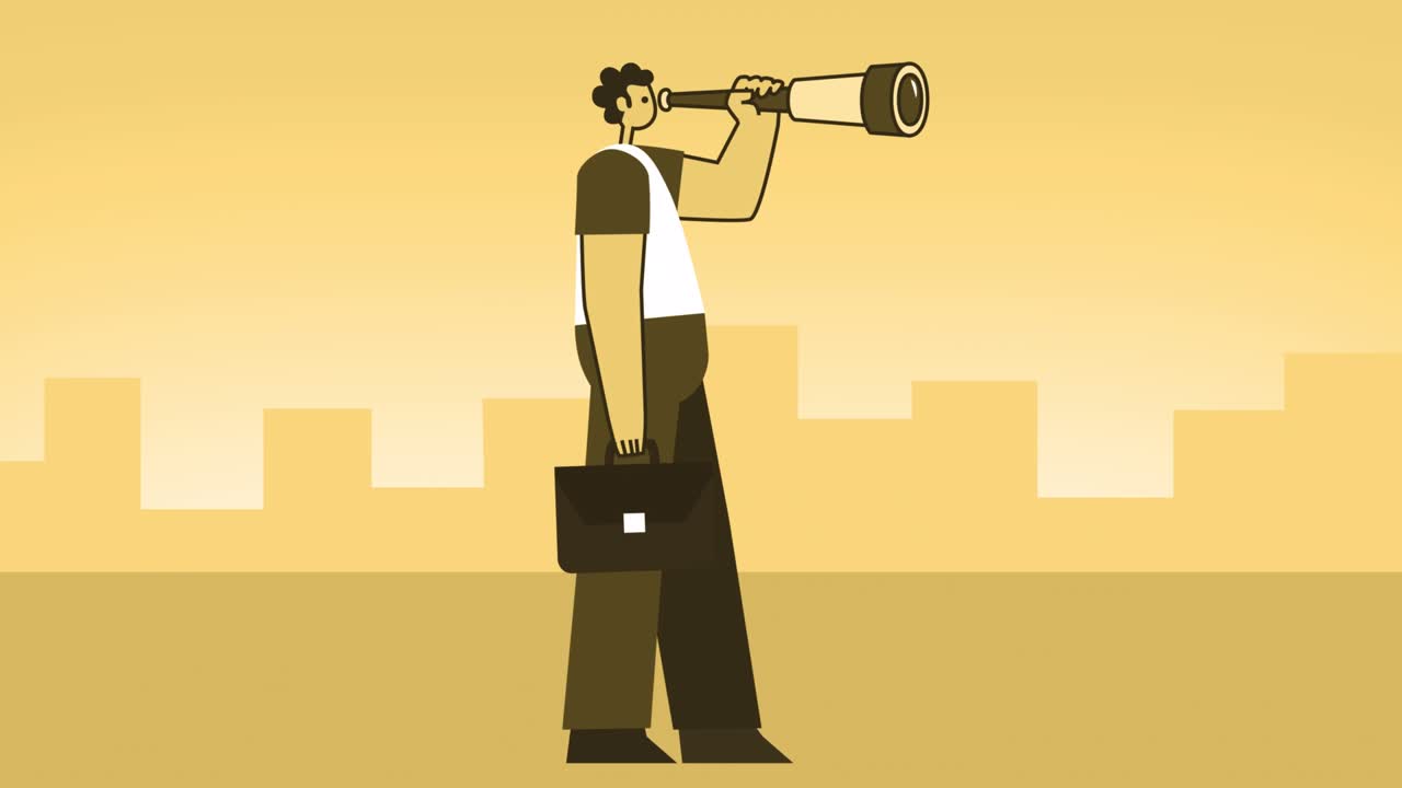 hombre de estilo amarillo con maletín personaje plano caminando en bicicleta y mirando a través del telescopio. animación de bucle aislado con canal alfa