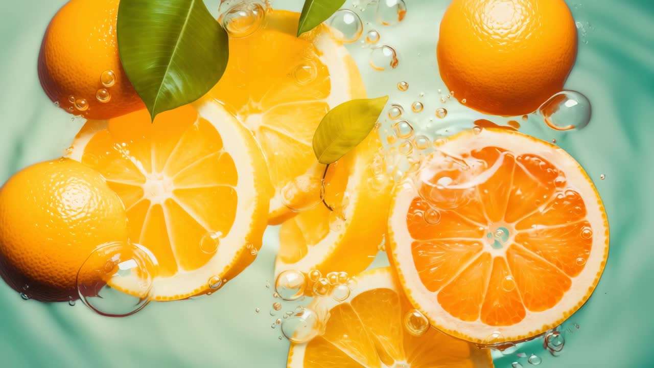 Fresh Orange Slices and Whole Oranges Floating in Water with Bubbles