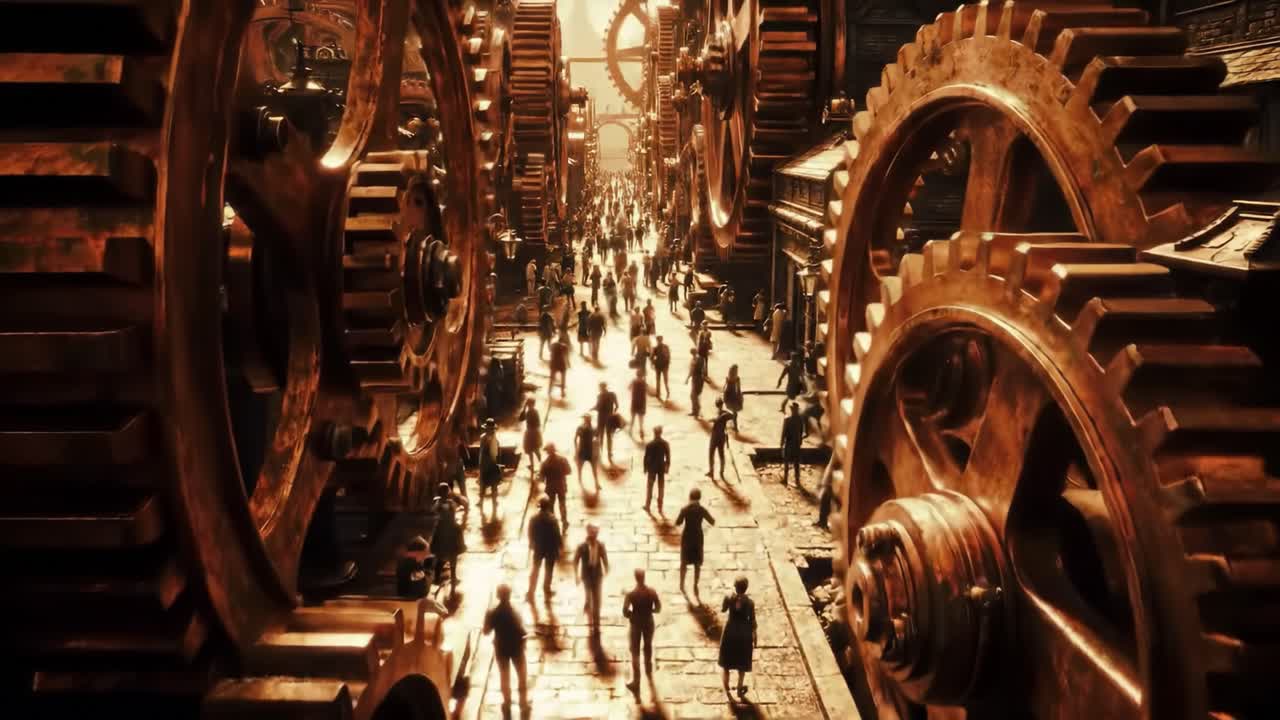 A Mysterious Mechanical Realm: People Navigate Through Massive Gears and Clockwork Elements in a Breathtaking Industrial Landscape