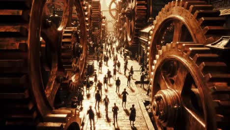 a mysterious mechanical realm: people navigate through massive gears and clockwork elements in a breathtaking industrial landscape