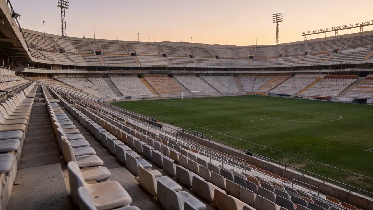 Telecamera che riprende l'interno dello stadio mentre il sole scende, le ombre si spostano e i riflettori si accendono.