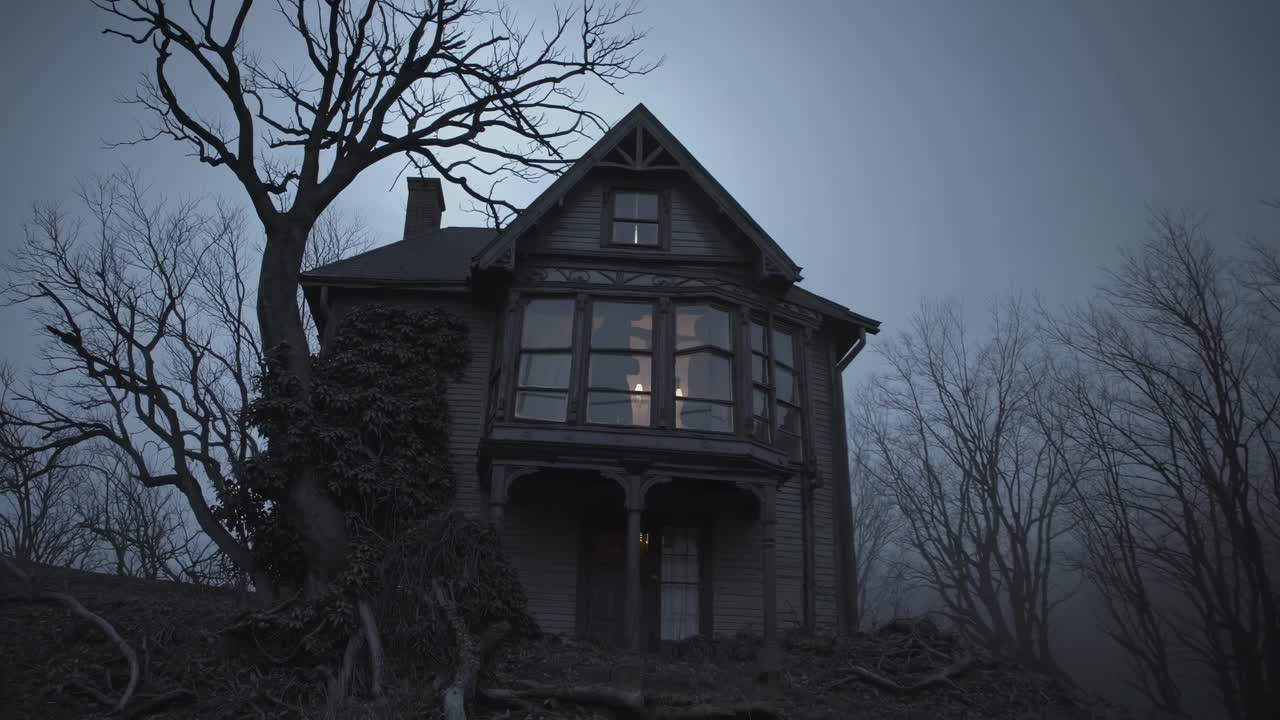 Eerie, atmospheric video of a Victorian house at dusk, captured from a low angle