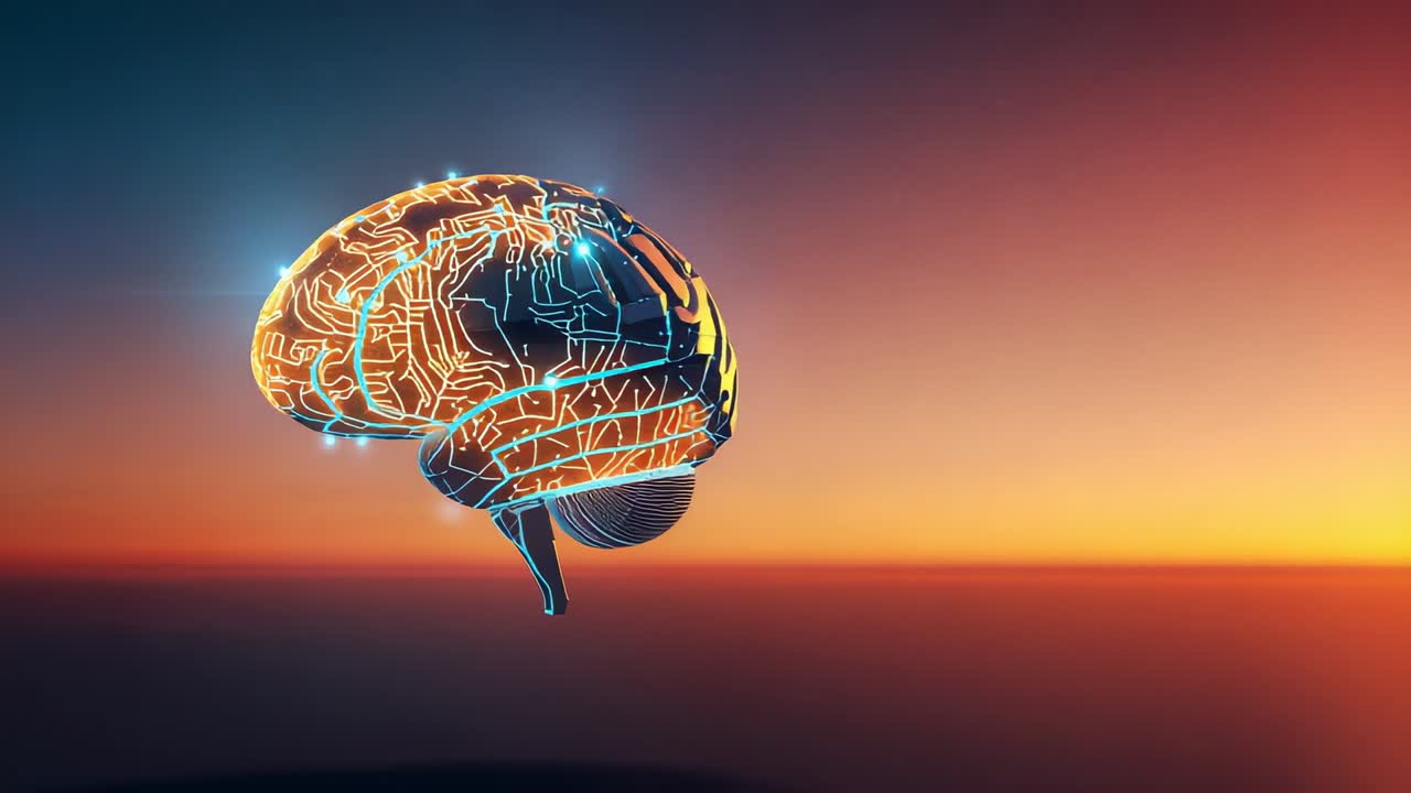 Rotating 3D brain model above horizon and pulsing nodes with golden beam washing left hemisphere
