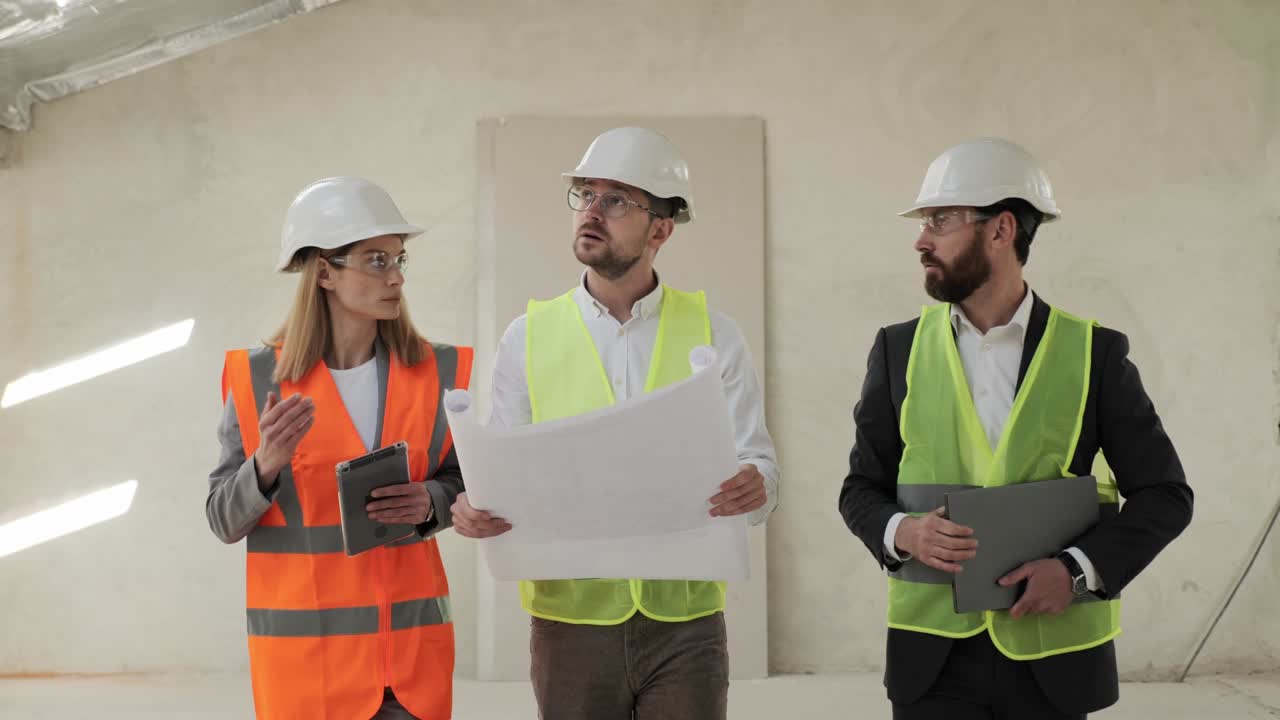 grupo de empresarios e ingenieros inspeccionando bienes raíces. inversor, arquitecto, ingeniero analizando y discutiendo el plan del sitio de construcción con cascos de seguridad. terminar el edificio industrial.