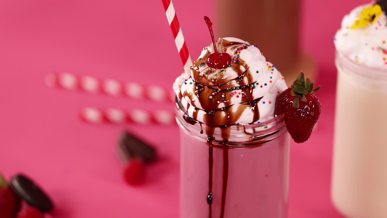 Brightly lit close-up of hand removing cherry from chocolate-drizzled strawberry milkshake, pink background