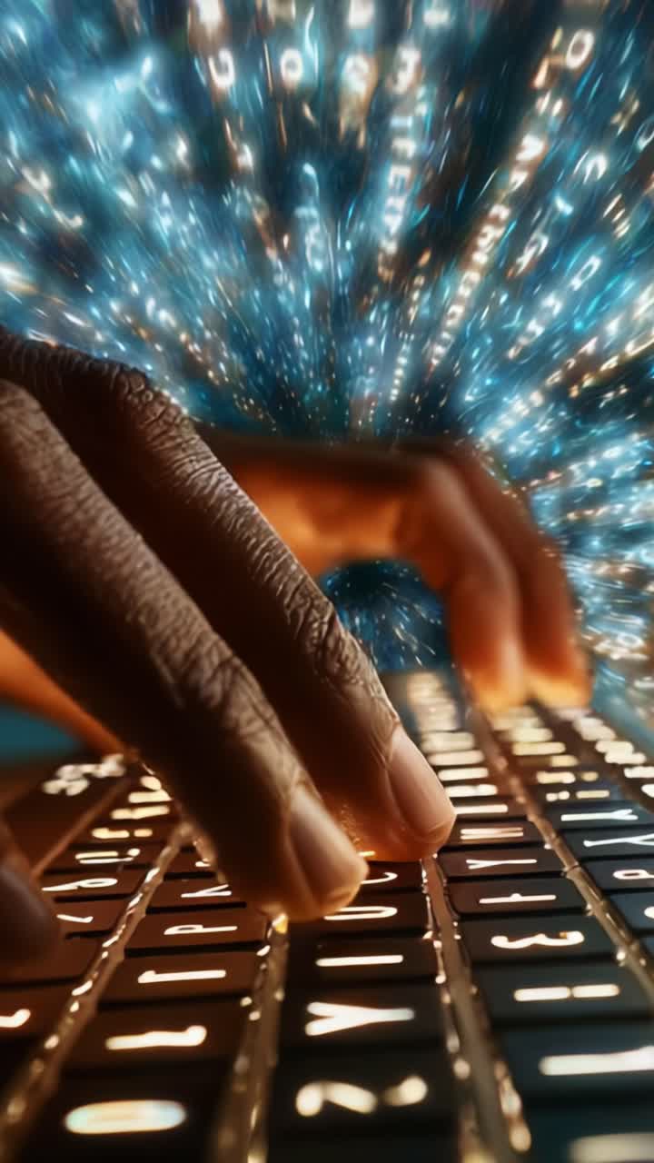 A close-up view of a hand typing on a keyboard with vibrant, glowing digital data streams emanating from the keys, symbolizing technology and information flow