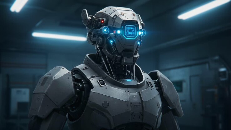 Ritratto di robot futuristico con tecnologia avanzata e design elegante, catturato in un ambiente scarsamente illuminato con dettagli luminosi.