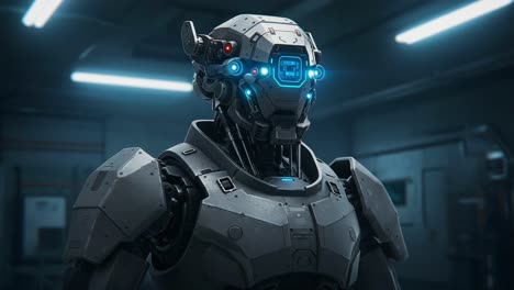 futuristic robot portrait featuring advanced technology and sleek design captured in dimly lit environment with glowing details