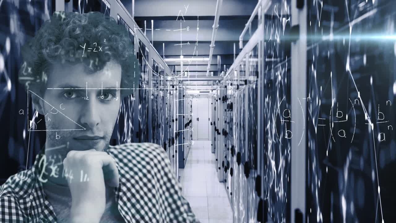 ecuaciones matemáticas sobre el retrato de un hombre en un servidor de computadora.
