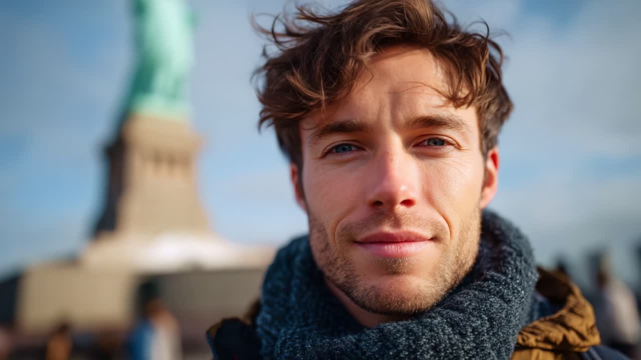 Glad ung mand smiler med Frihedsgudinden i baggrunden, indfanget i to frames, der viser glæde og ikoniske vartegn
