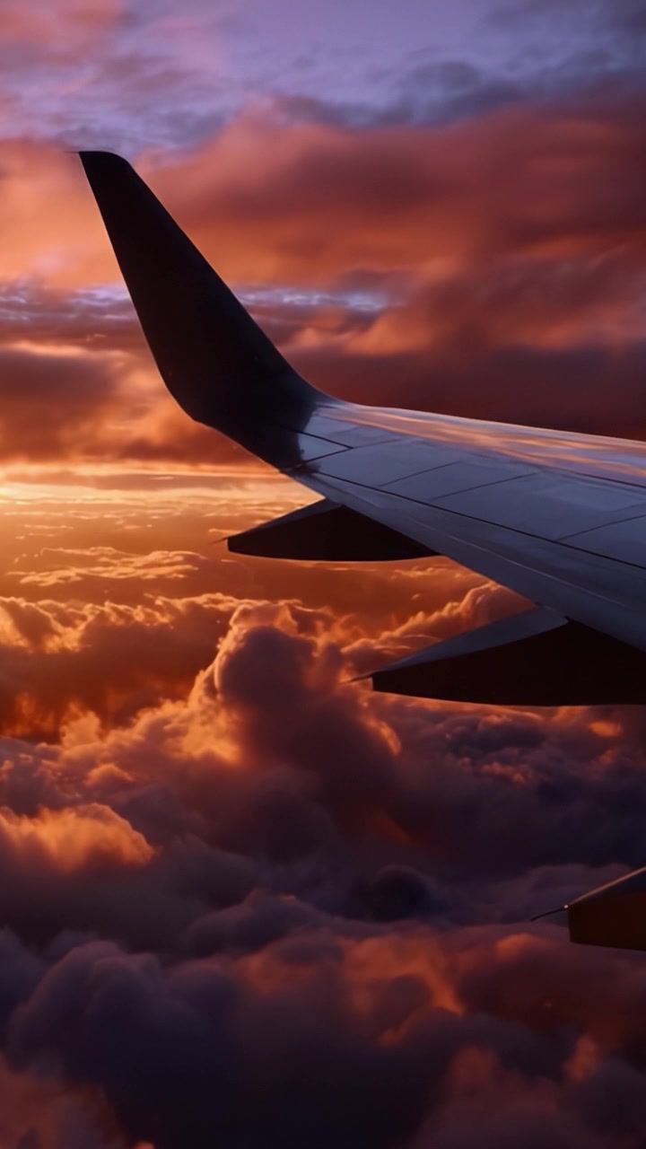 Vista mozzafiato del tramonto dall'ala di un aereo sopra le nuvole, con colori drammatici e un cielo bellissimo, che cattura l'essenza del viaggio aereo e della natura.
